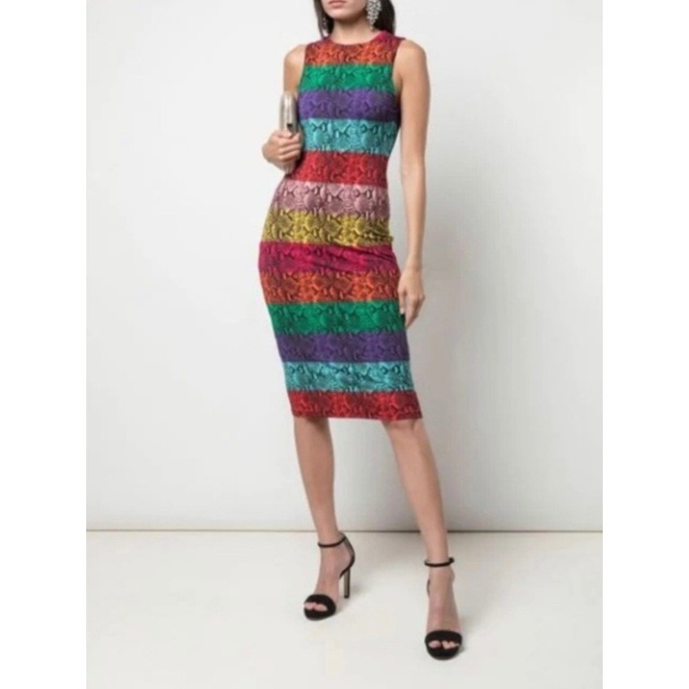 Alice + Olivia Delora Rainbow Snake Print Midi Dress Size 0 Celebrity Dopamine
